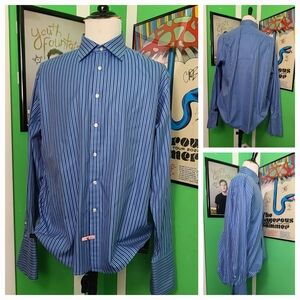 Thomas Pink Men’s 17.5 37 Blue Stripe Dress Shirt Barrel CUFFS LS